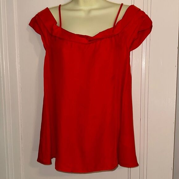 Paper Crown tomato red lyocell/cupro short sleeve off shoulder blouse - Picture 1 of 8